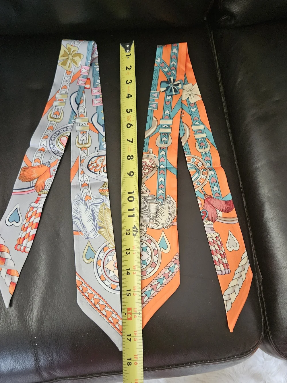 Hermes Like Orange and Gray Twilly  Scarf, Head And Bag  Accessories. Set Of 2.